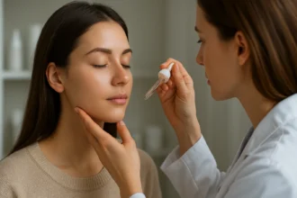 Žena dostáva pleťovú starostlivosť pomocou séra od dermatológa.