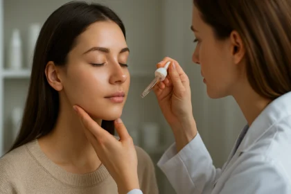 Žena dostáva pleťovú starostlivosť pomocou séra od dermatológa.