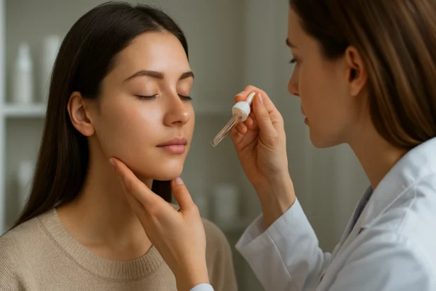 Žena dostáva pleťovú starostlivosť pomocou séra od dermatológa.