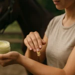 Žena aplikuje konský balzam na ruku v prírode