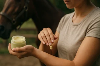 Žena aplikuje konský balzam na ruku v prírode