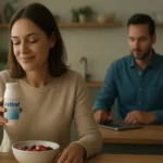 Žena si vychutnáva Actimel s ovocím za ranným stolom