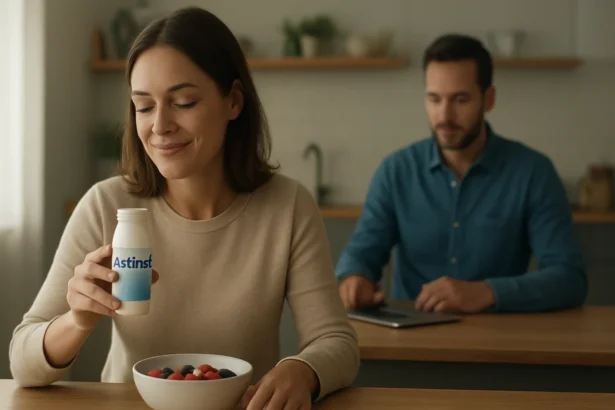 Žena si vychutnáva Actimel s ovocím za ranným stolom