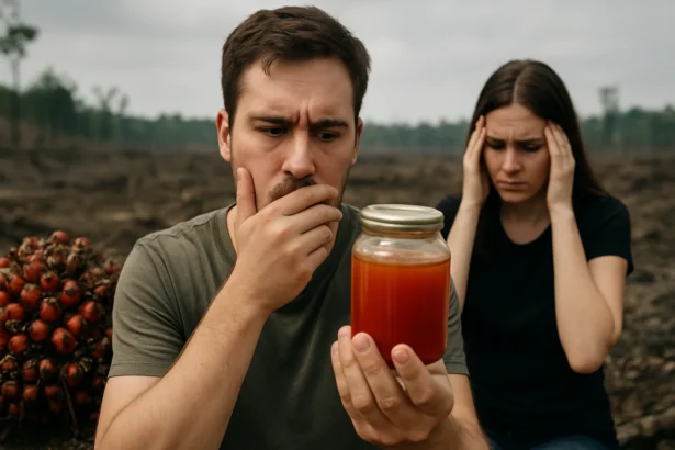 Mladý pár prekvapený nad obsahom sklenenej nádoby s olejom.