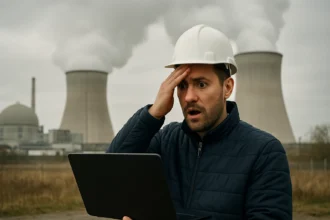 Muž vo vestách a prilbe s laptopom pred atómovou elektrárňou