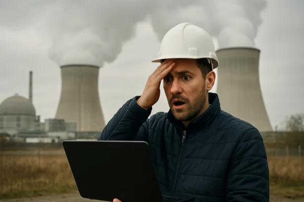Muž vo vestách a prilbe s laptopom pred atómovou elektrárňou