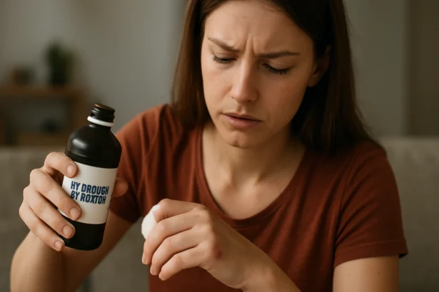 Žena s fľašou peroxidu vodíka a vatovým tampónom.