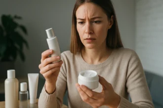 Žena skúma krém a sérum v ruke, premýšľa o bezpečnosti kozmetiky.