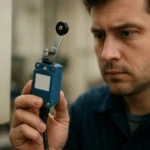 Muž kontroluje koncový spínač v priemyselnom prostredí.