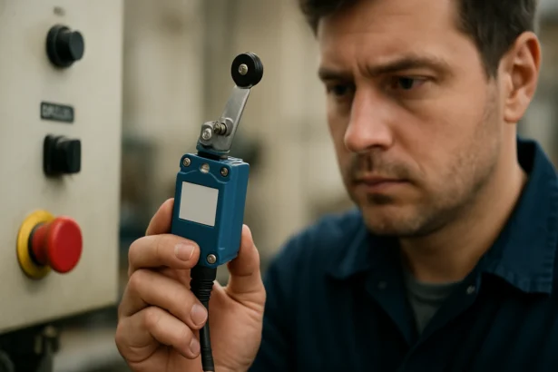 Muž kontroluje koncový spínač v priemyselnom prostredí.