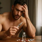 Muž so starosťami drží injekčnú striekačku a lieky na stole.