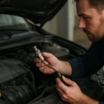 Mechanik kontroluje zadnú lambda sondu auta počas údržby.