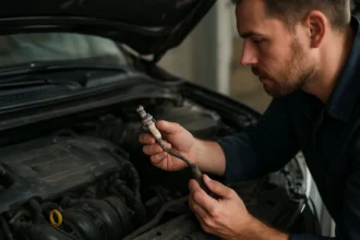 Mechanik kontroluje zadnú lambda sondu auta počas údržby.