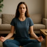 Žena medituje v obývacej izbe, skvelá technika pre zlepšenie duševného zdravia.