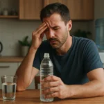 Muž s destilovanou vodou a starosťami o zdravie pri stole