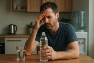 Muž s destilovanou vodou a starosťami o zdravie pri stole