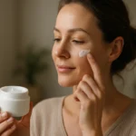 Žena nanáša D3 krém na pleť, starostlivosť o pokožku.