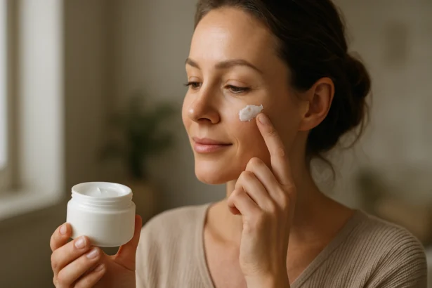 Žena nanáša D3 krém na pleť, starostlivosť o pokožku.