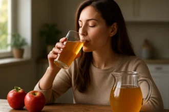 Žena pije jablkový džús, vedľa sú čerstvé jablká a karafa.
