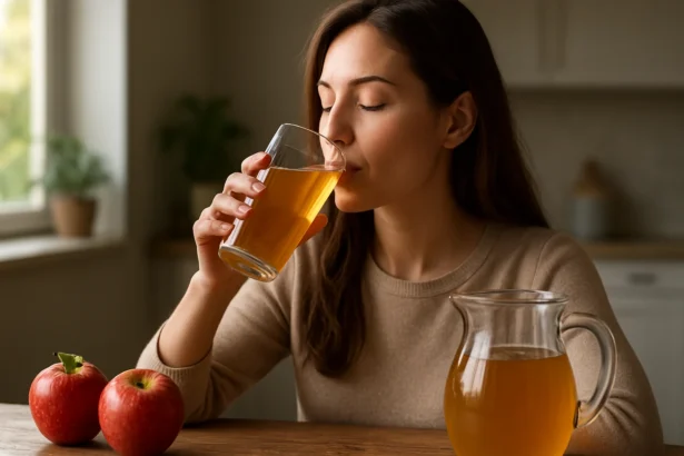 Žena pije jablkový džús, vedľa sú čerstvé jablká a karafa.