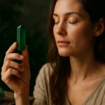 Žena medituje so zeleným turmalínom v ruke, symbol harmónie