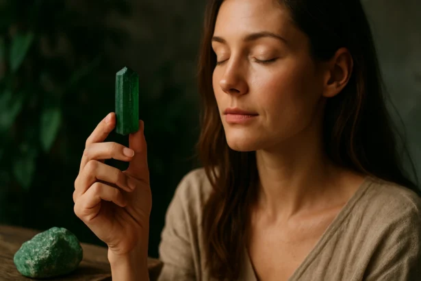 Žena medituje so zeleným turmalínom v ruke, symbol harmónie