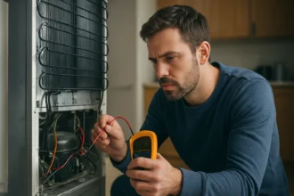 Muž vykonáva diagnostiku ventilátora chladničky pomocou multimetra.