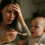 Matka so starosťami podáva materskú kašičku dieťaťu.