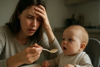 Matka so starosťami podáva materskú kašičku dieťaťu.