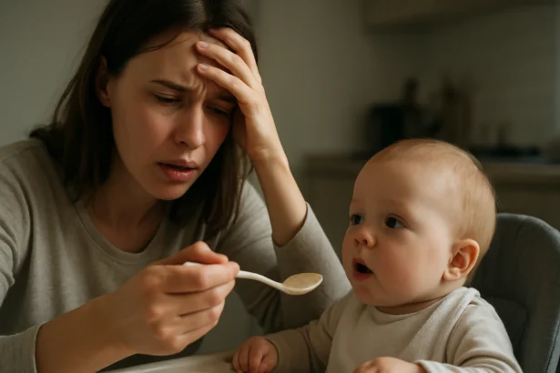 Matka so starosťami podáva materskú kašičku dieťaťu.