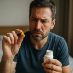 Muž drží žltú tabletku Cialisu a fľašu v izbe