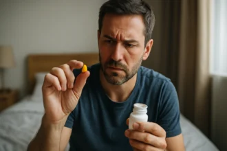 Muž drží žltú tabletku Cialisu a fľašu v izbe