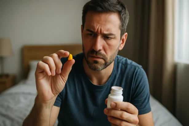 Muž drží žltú tabletku Cialisu a fľašu v izbe