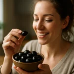 Žena si vychutnáva čierne olivy v miske, zdravá desiata.