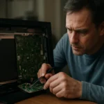 Muž analyzujúci obvodovú dosku TFT monitoru počas opravy.