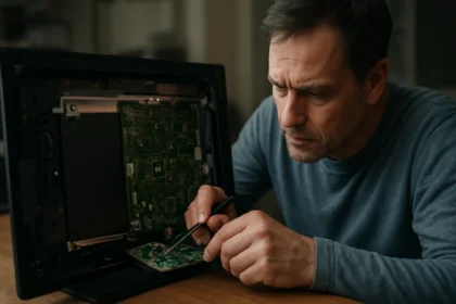 Muž analyzujúci obvodovú dosku TFT monitoru počas opravy.