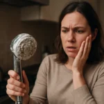 Žena s prekvapeným výrazom držiaca sprchovú hlavicu pokrytú vodným kameňom.