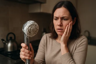 Žena s prekvapeným výrazom držiaca sprchovú hlavicu pokrytú vodným kameňom.