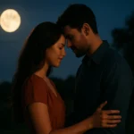 Pár sa objíma pod splnom mesiaca, vyžarujúc romantiku.