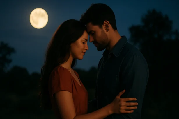 Pár sa objíma pod splnom mesiaca, vyžarujúc romantiku.