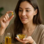 Žena s kapsulou vitamínu E a olejom pre zdravie a vitalitu.