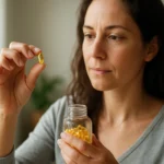 Žena s mäkkou želatínovou kapsulou v ruke a fľašou v druhej ruke.