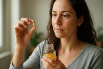 Žena s mäkkou želatínovou kapsulou v ruke a fľašou v druhej ruke.