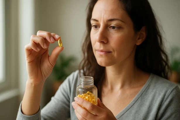 Žena s mäkkou želatínovou kapsulou v ruke a fľašou v druhej ruke.