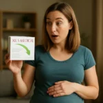 Žena prekvapene drží balenie XLS Medical, symbolizujúce chudnutie.