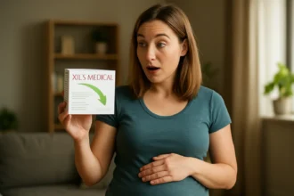 Žena prekvapene drží balenie XLS Medical, symbolizujúce chudnutie.