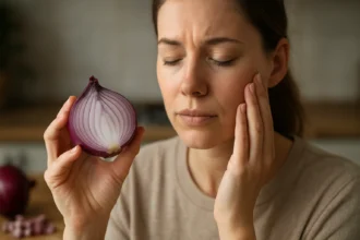 Žena drži červenú cibuľu a prežíva znepokojenie.