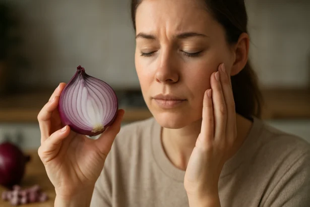 Žena drži červenú cibuľu a prežíva znepokojenie.