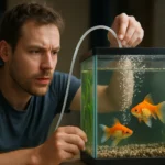 Muž nastavuje vzduchovanie v akváriu s rybami.