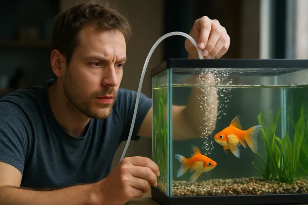 Muž nastavuje vzduchovanie v akváriu s rybami.